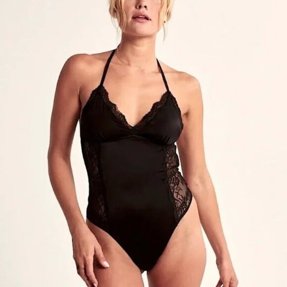 Abercrombie&Fitch Black lace satin strap back bodysuit - Picture 1 of 5